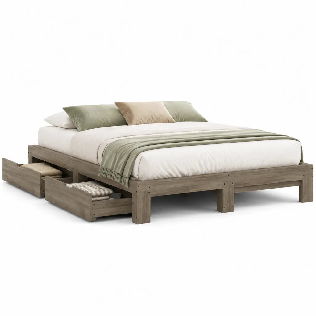 Letto matrimoniale con 2 cassetti in legno massello di pino grigio rovere 160 x 200 cm
