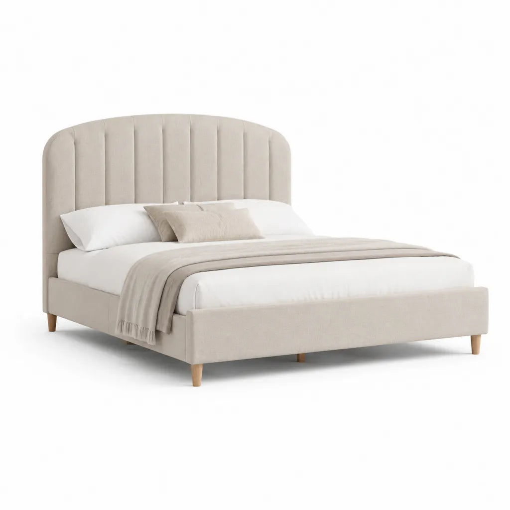 Letto matrimoniale imbottito 160 x 200 cm in poliestere beige con testiera arrotondata