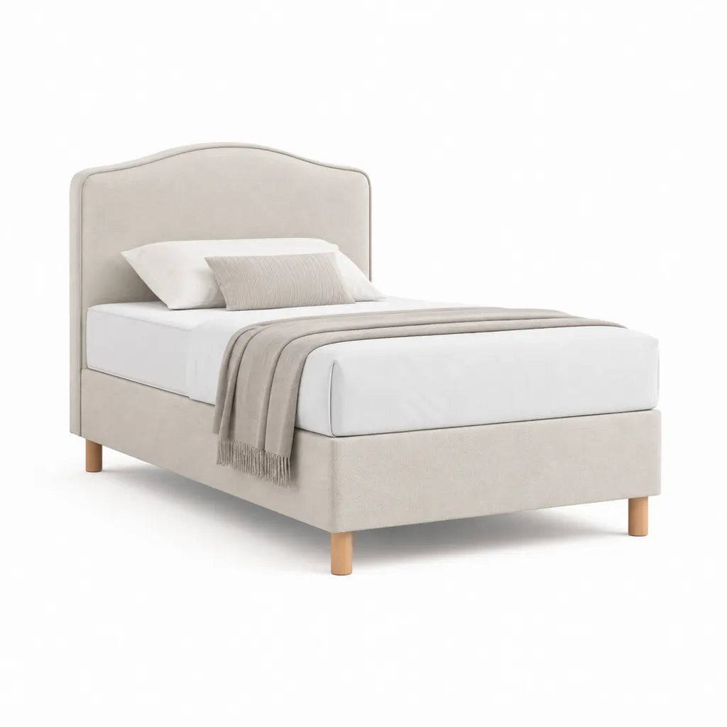 Letto matrimoniale imbottito con testiera sagomata in poliestere beige 160 x 200 cm