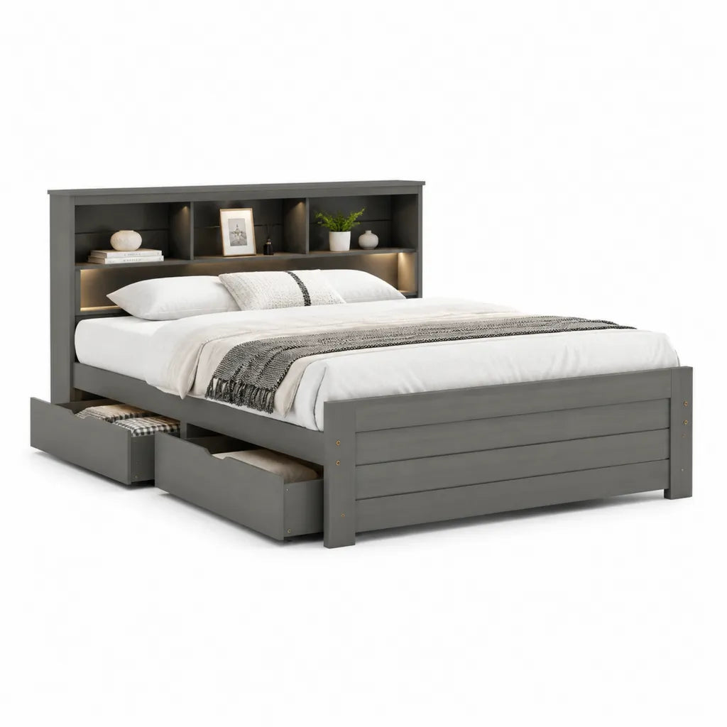 Letto matrimoniale 160 x 200 cm con 2 cassetti testiera libreria LED in pannello truciolare grigio antracite