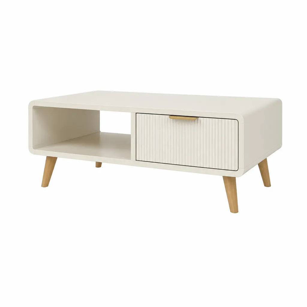 Tavolino da caffè rettangolare con vano aperto e anta in MDF e legno di caucciù bianco 100 x 50 x 45 cm