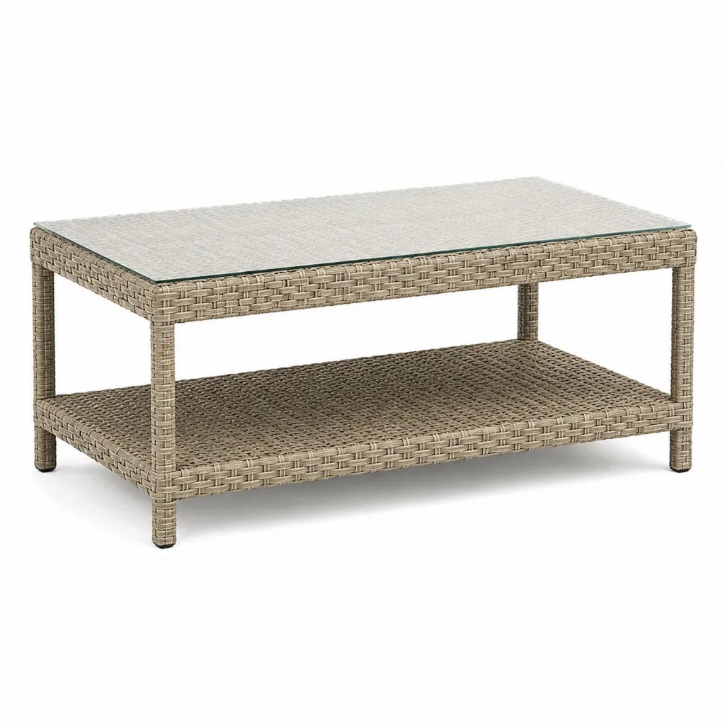 Tavolino da giardino rettangolare 100 x 60 x 45 cm in rattan PE beige con piano in vetro temperato