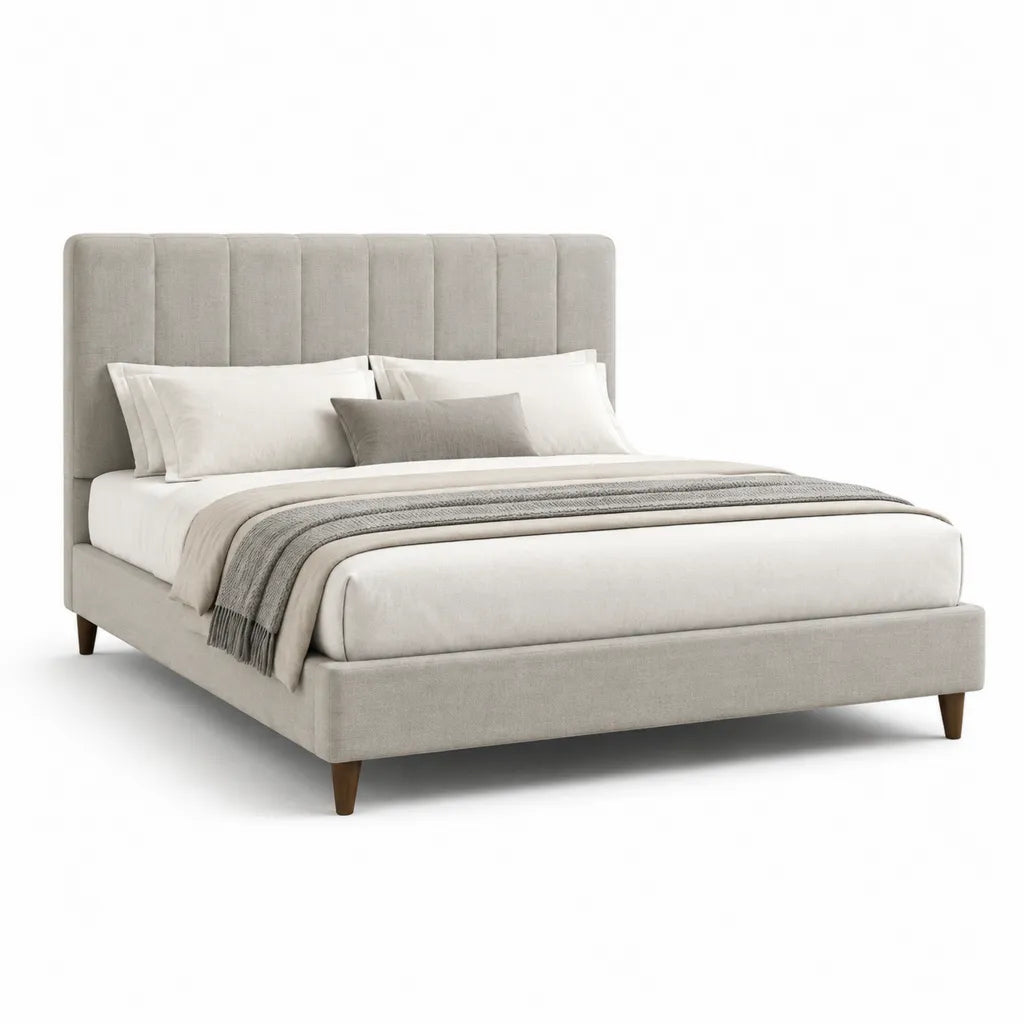 Letto matrimoniale imbottito 160 x 200 cm con testiera alta in poliestere grigio chiaro