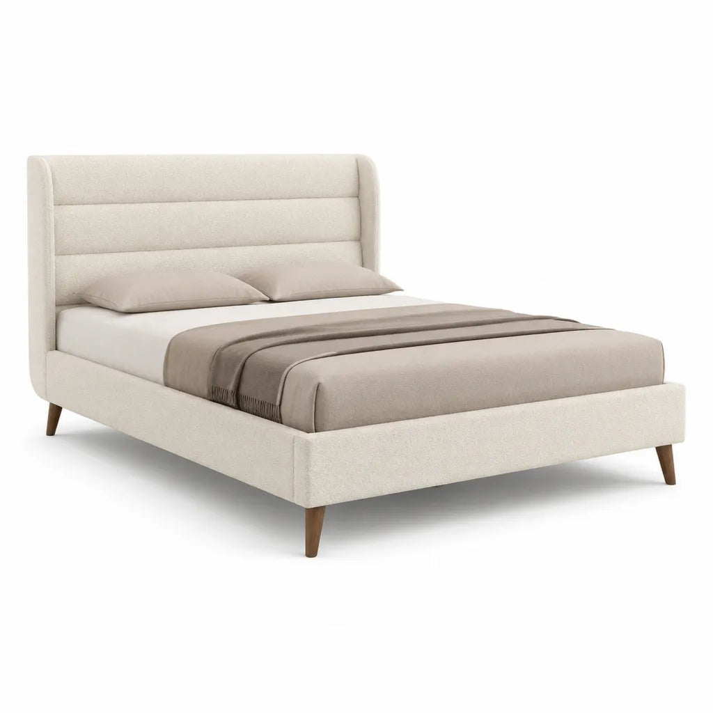 Letto matrimoniale imbottito 160 x 200 cm in poliestere beige con testiera alta e piedini in legno massello