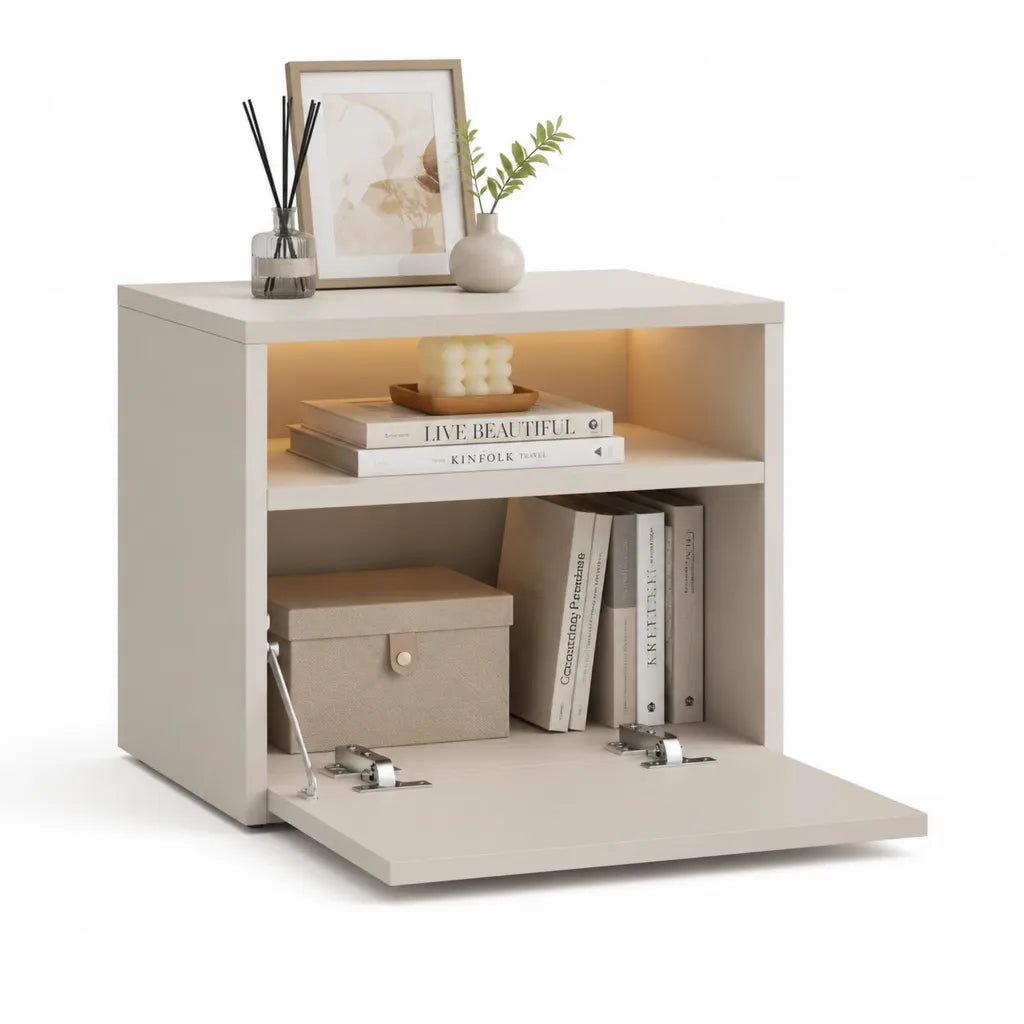 Comodino con anta a ribalta illuminazione LED e ripiano in MDF bianco 40 x 35 x 55 cm