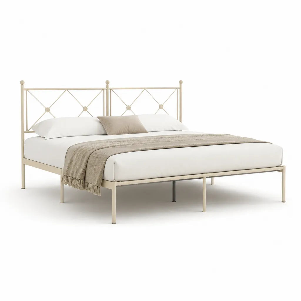 Letto matrimoniale 160 x 200 cm in acciaio verniciato crema con testiera geometrica