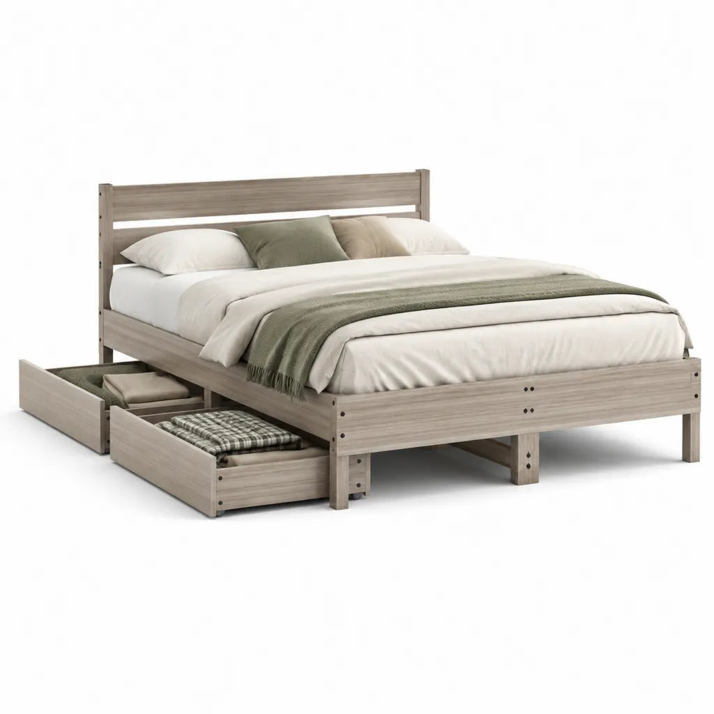 Letto matrimoniale con 2 cassetti in pino massello rettangolare grigio rovere 160 x 200 cm