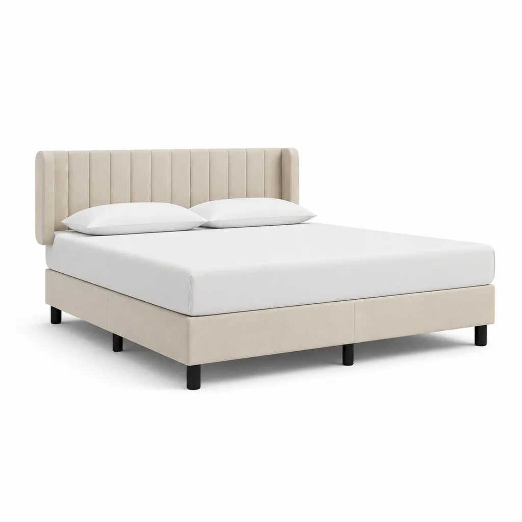 Letto matrimoniale con testiera imbottita a pannelli in poliestere beige 160 x 200 cm