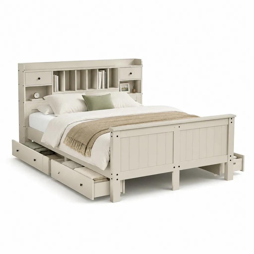 Letto matrimoniale contenitore rettangolare 160 x 200 cm in pino massello e MDF bianco avorio con testiera libreria e 6 cassetti