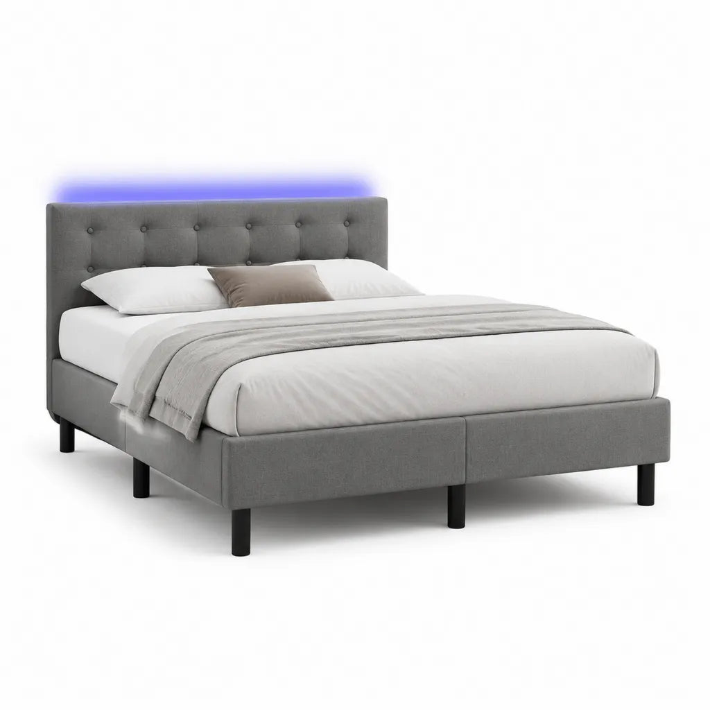 Letto matrimoniale con LED 160 x 200 cm imbottito in poliestere grigio con testiera capitonné