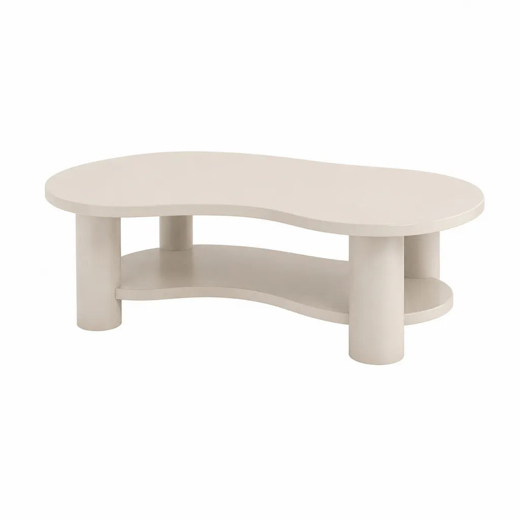 Tavolino da caffè con ripiano in MDF forma organica color crema 120 x 60 x 45 cm