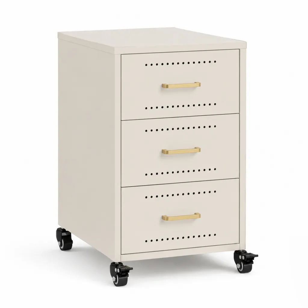 Comodino su ruote con 3 cassetti in acciaio verniciato rettangolare color crema 40 x 40 x 65 cm