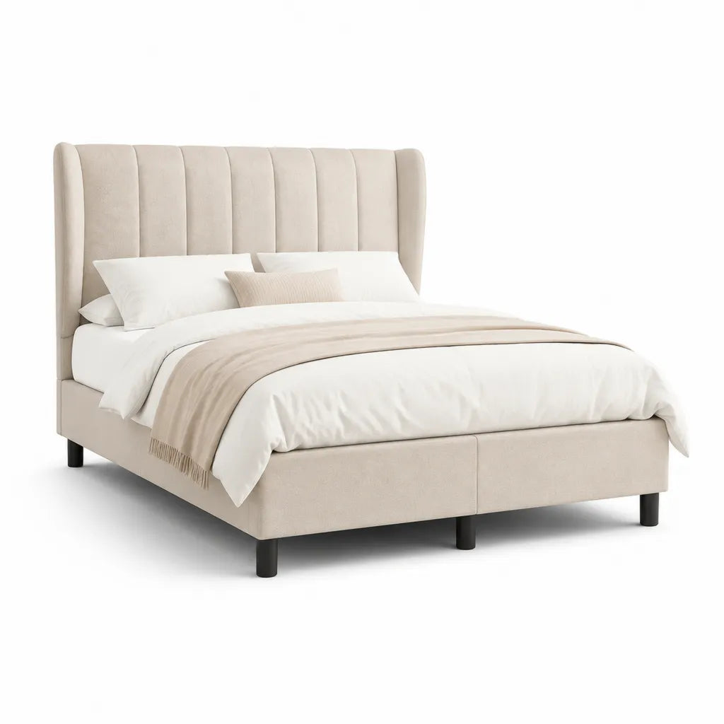 Letto matrimoniale imbottito 160 x 200 cm in poliestere beige con testiera alta rettangolare