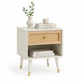 Comodino rettangolare con cassetto e vano aperto in MDF e rattan naturale bianco 45 x 35 x 60 cm