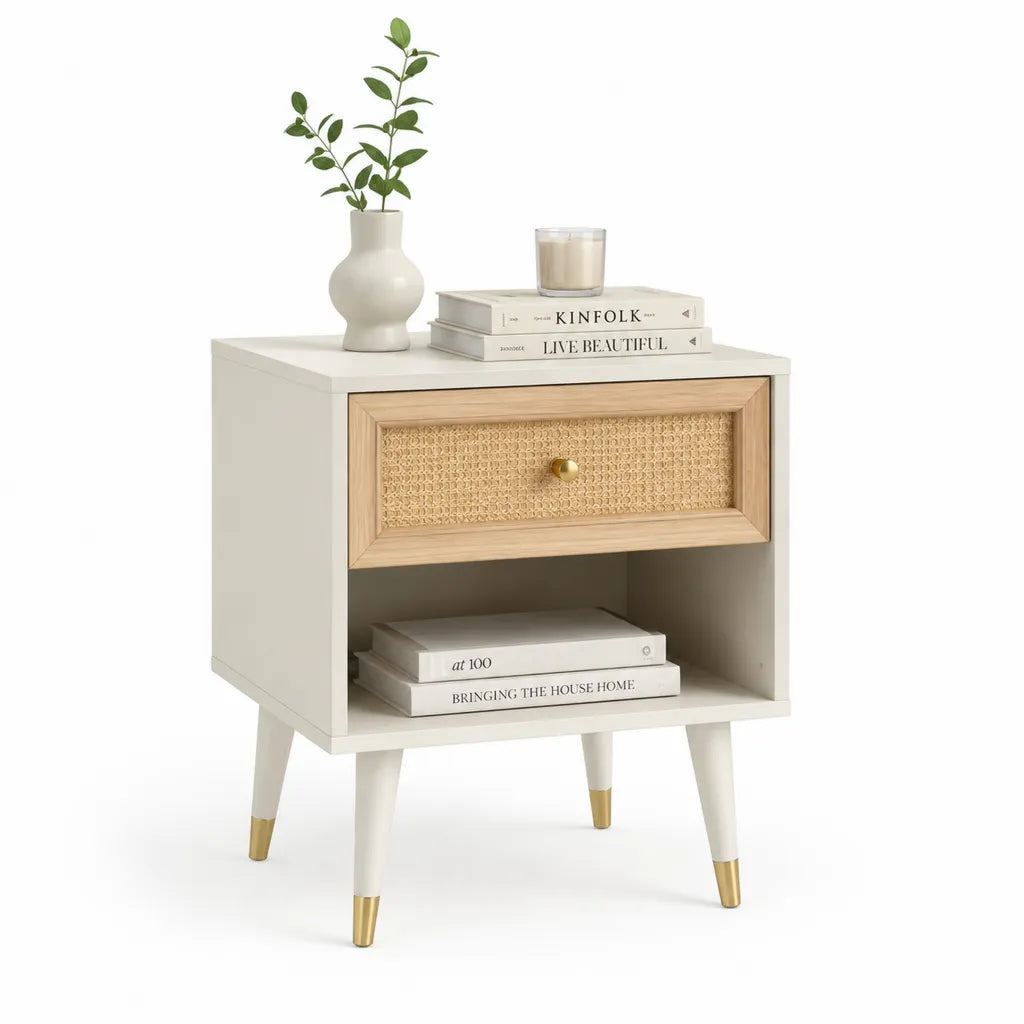 Comodino rettangolare con cassetto e vano aperto in MDF e rattan naturale bianco 45 x 35 x 60 cm