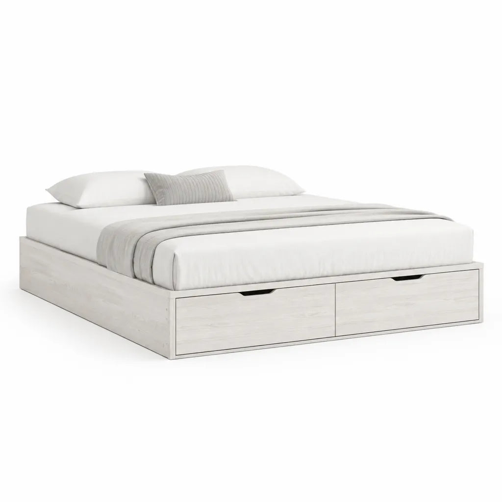 Letto matrimoniale rettangolare con 2 cassetti 160 x 200 cm in pannelli di particelle laminati bianco effetto rovere