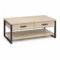 Tavolino da caffè rettangolare 100 x 50 x 45 cm in pannello truciolare e acciaio rovere chiaro nero con 2 cassetti