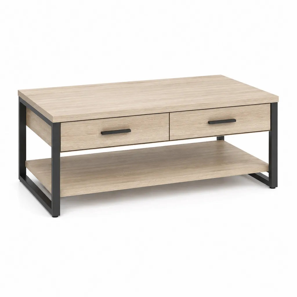 Tavolino da caffè rettangolare 100 x 50 x 45 cm in pannello truciolare e acciaio rovere chiaro nero con 2 cassetti