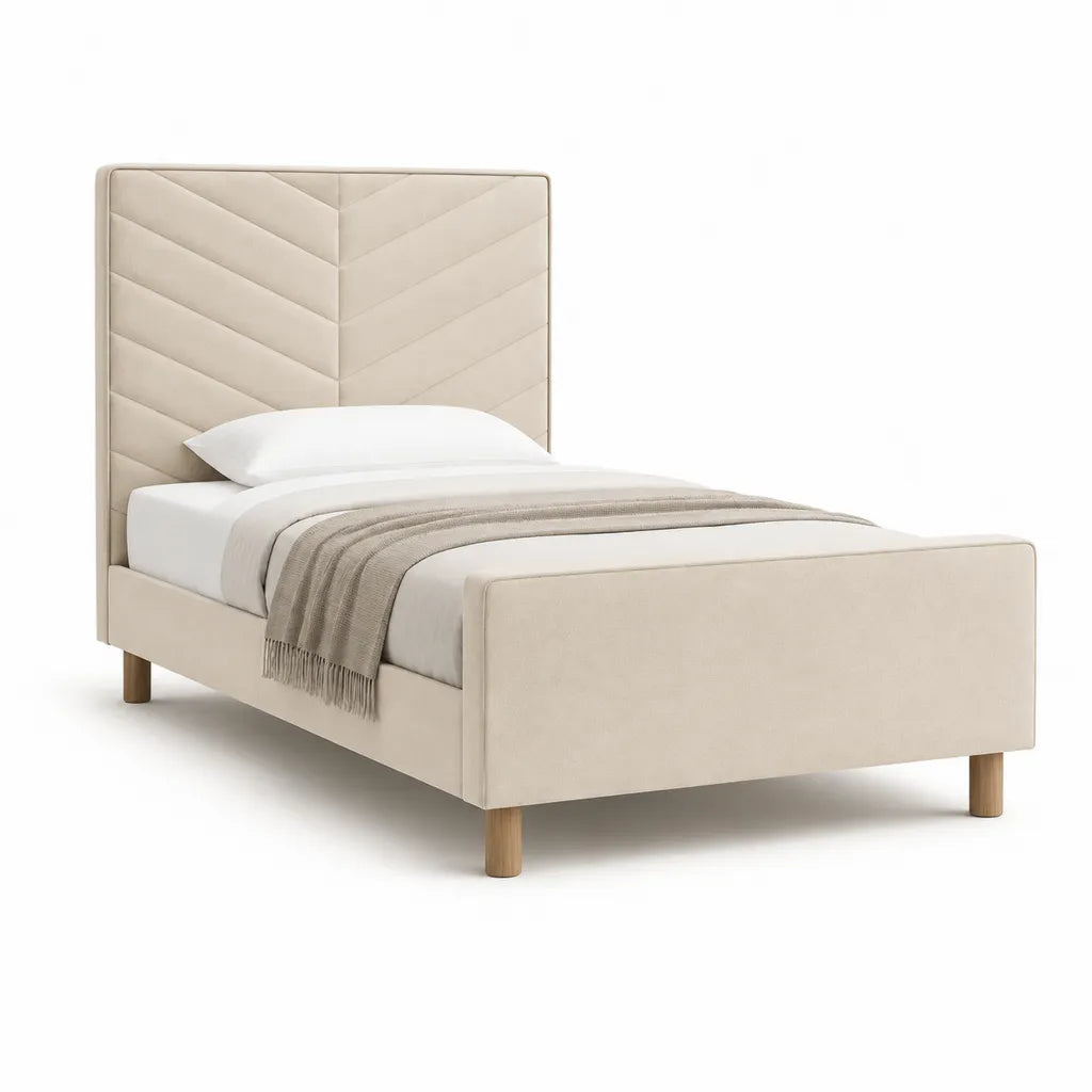 Letto singolo imbottito 90 x 200 cm in poliestere beige con testiera alta e piedi in legno massello