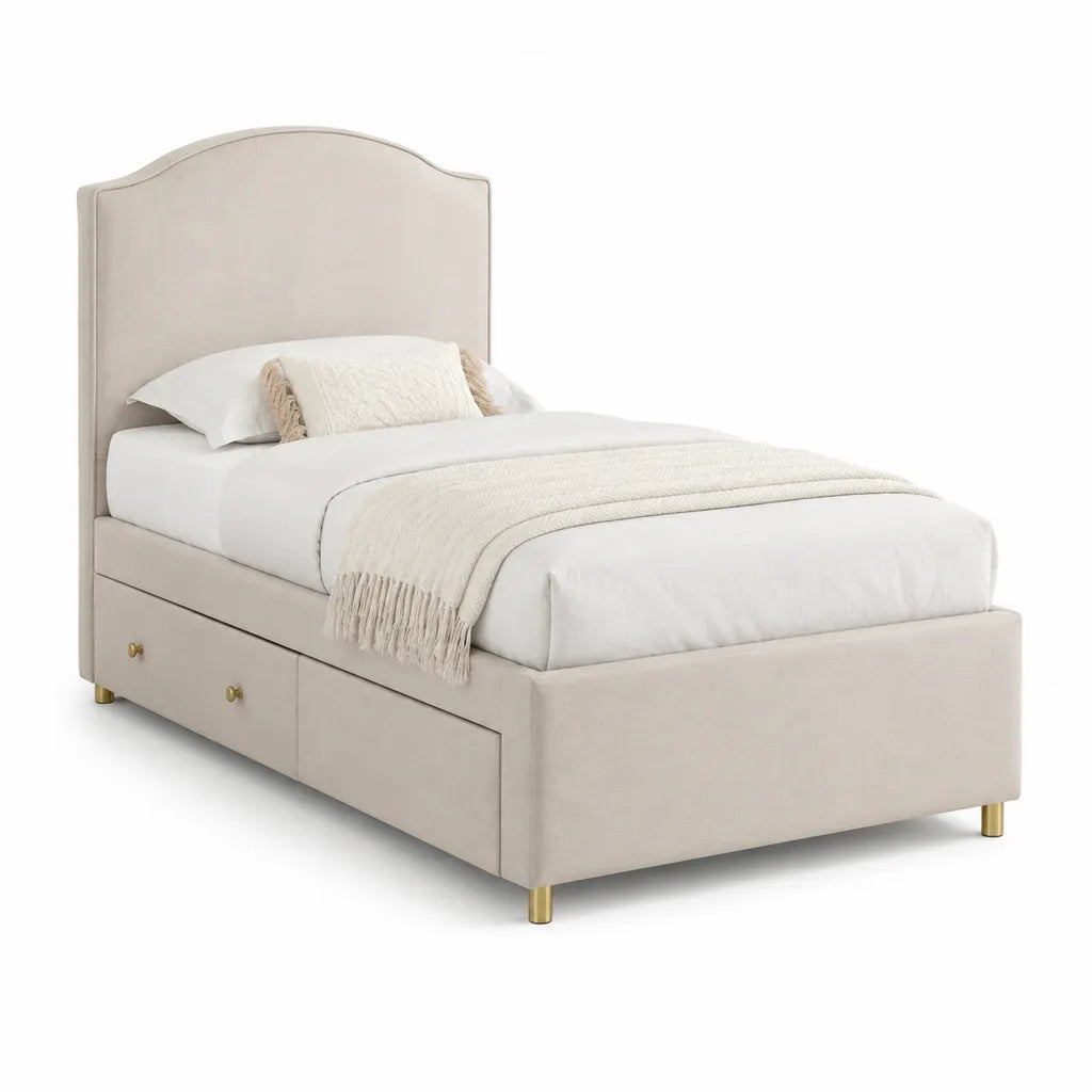 Letto singolo imbottito con 2 cassetti 90 x 190 cm in velluto di poliestere beige con testiera ad arco
