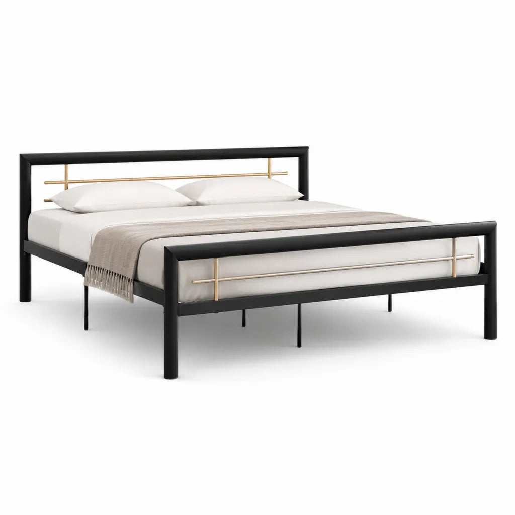 Letto matrimoniale 160 x 200 cm in acciaio al carbonio rettangolare nero e oro