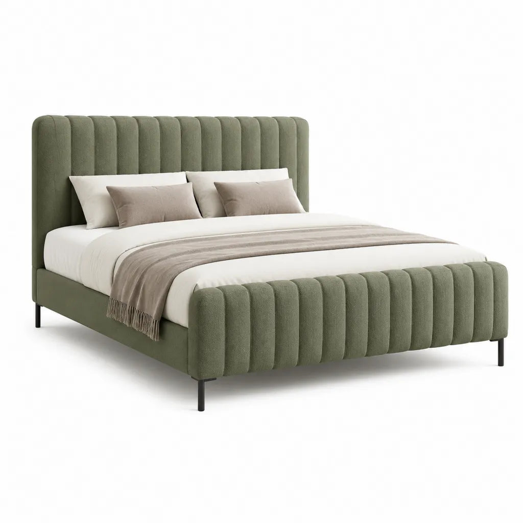 Letto matrimoniale imbottito rettangolare 160 x 200 cm in velluto di poliestere verde oliva con testiera e pediera scanalate