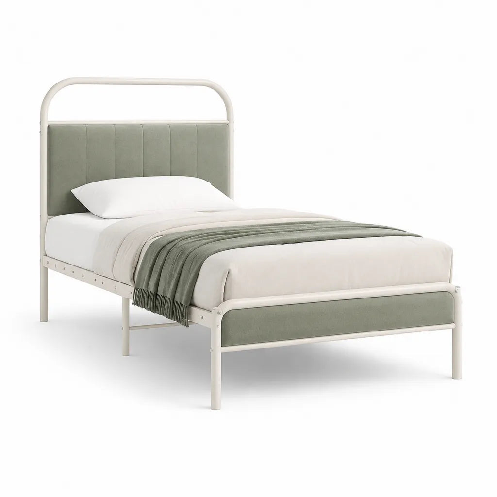 Letto singolo con struttura in acciaio e testiera imbottita verde 90 x 200 cm