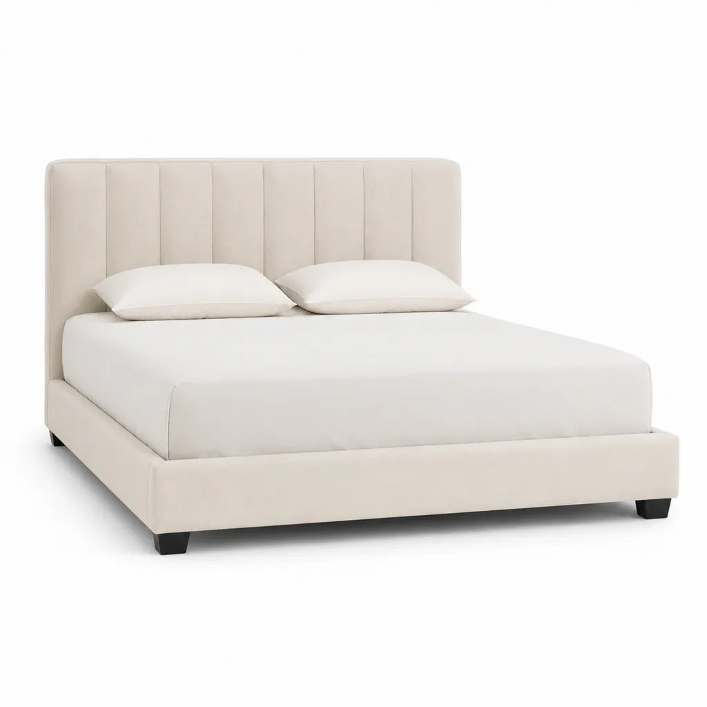 Letto matrimoniale imbottito 160 x 200 cm in poliestere crema con testiera rettangolare