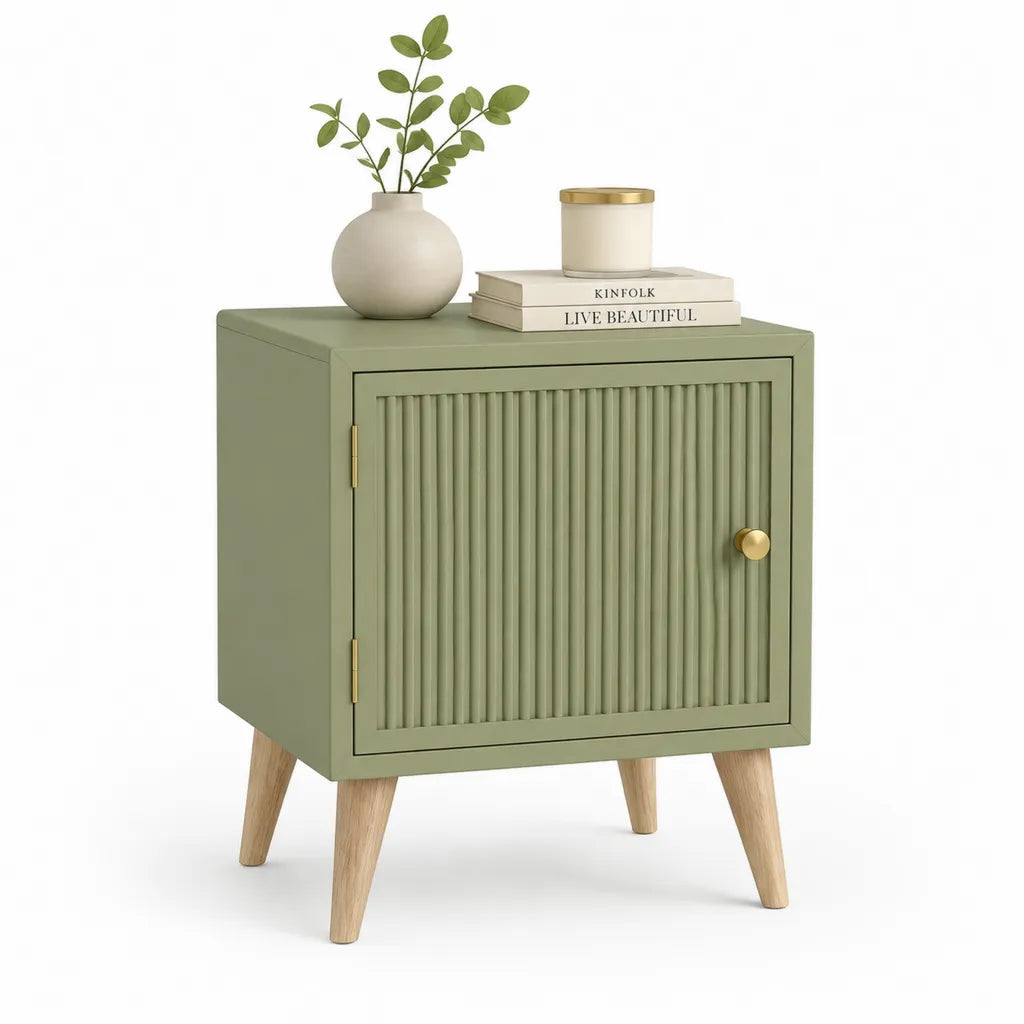 Comodino rettangolare con anta a rilievo in MDF 45 x 35 x 60 cm verde salvia con gambe in legno massello di gomma