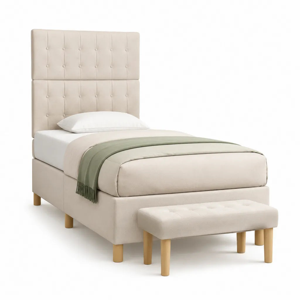 Letto singolo imbottito 90 x 200 cm in poliestere beige con testiera capitonné e panca
