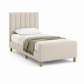 Letto singolo imbottito 90 x 200 cm in poliestere beige con testiera rettangolare e piedi in legno massello