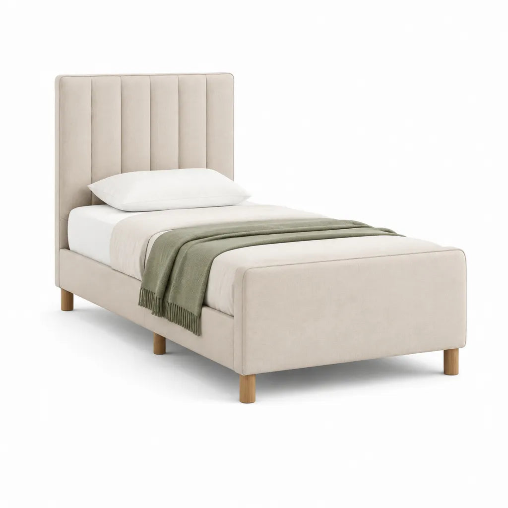 Letto singolo imbottito 90 x 200 cm in poliestere beige con testiera rettangolare e piedi in legno massello
