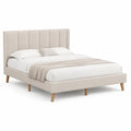 Letto matrimoniale imbottito 160 x 200 cm in poliestere beige con testiera alta a pannelli e piedini in legno massello