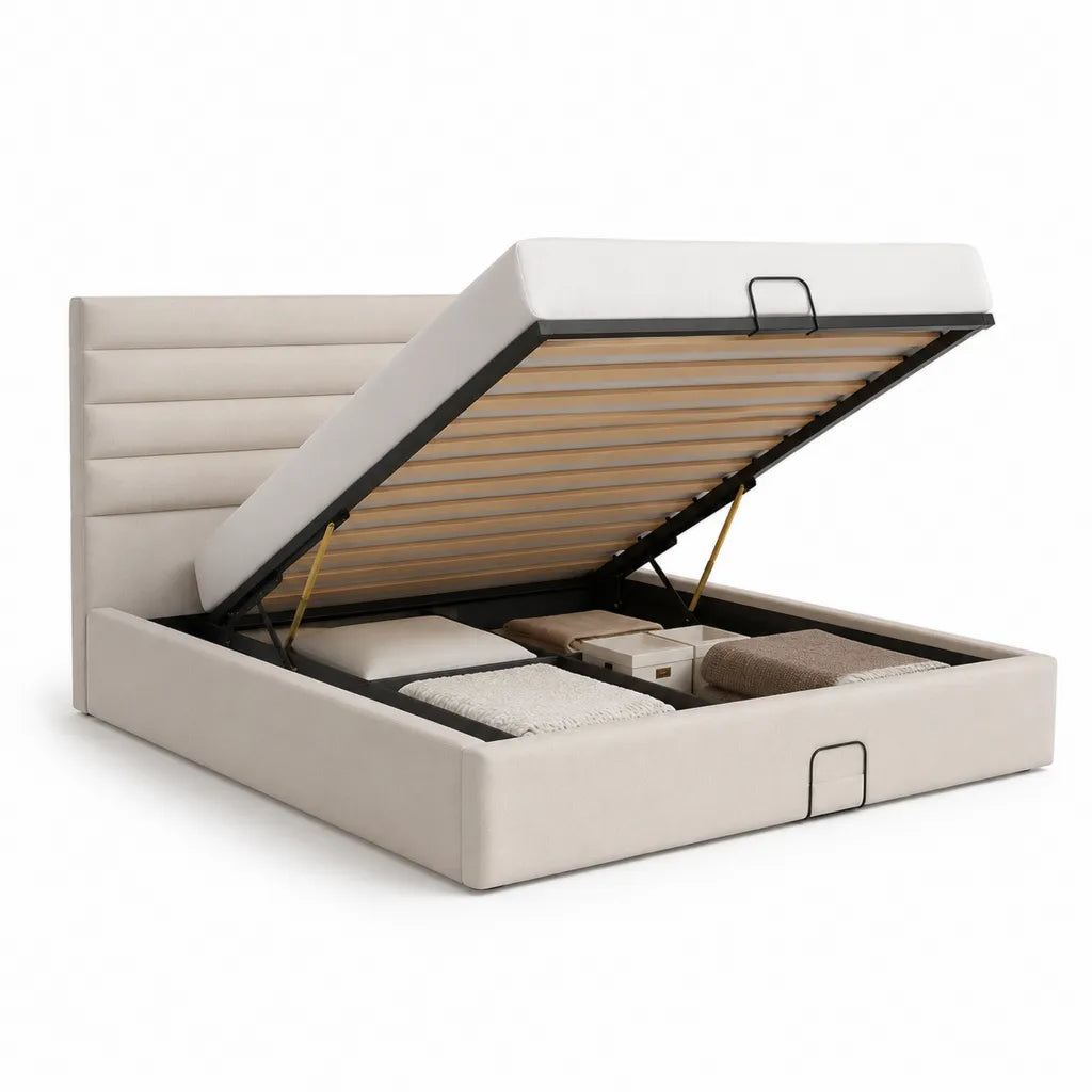 Letto contenitore matrimoniale 160 x 200 cm in pelle sintetica PU avorio con rete a doghe e testiera imbottita