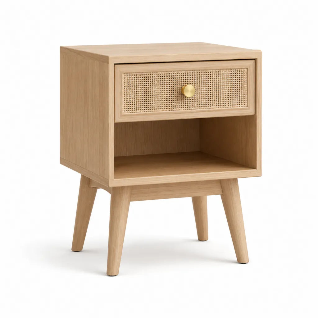 Comodino con cassetto e vano aperto in legno massello di gomma e rattan naturale beige 40 x 35 x 60 cm