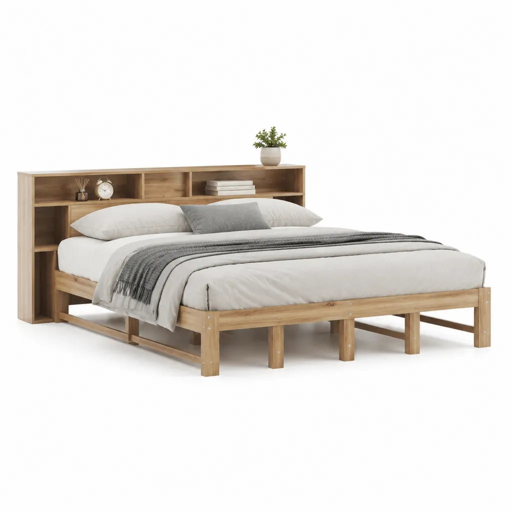 Letto matrimoniale 160x200 cm in legno massello di pino con testiera libreria rettangolare naturale