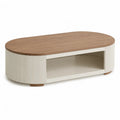 Tavolino da caffè ovale con vano aperto in MDF bianco e rovere 120 x 60 x 40 cm
