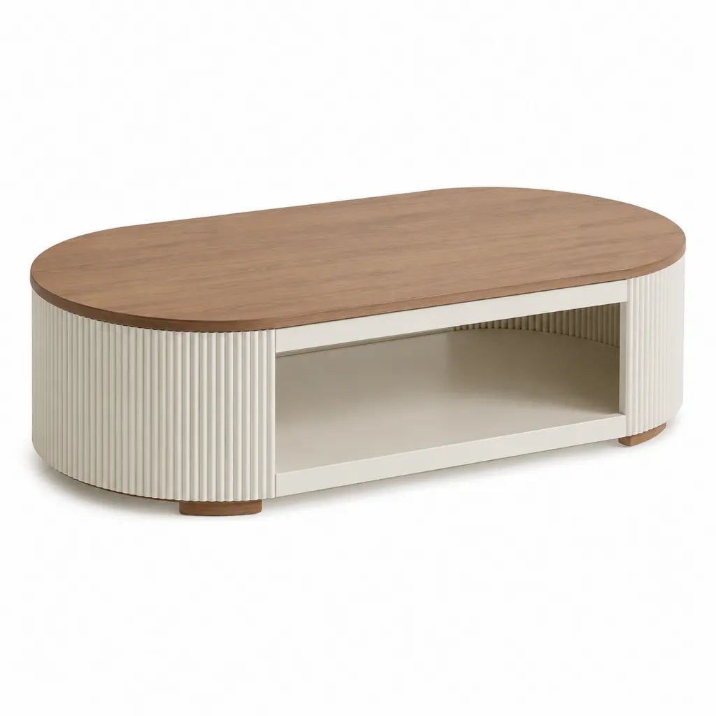 Tavolino da caffè ovale con vano aperto in MDF bianco e rovere 120 x 60 x 40 cm