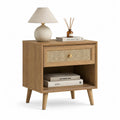 Comodino con cassetto e vano aperto in MDF impiallacciato rovere e rattan rettangolare naturale 50 x 40 x 60 cm