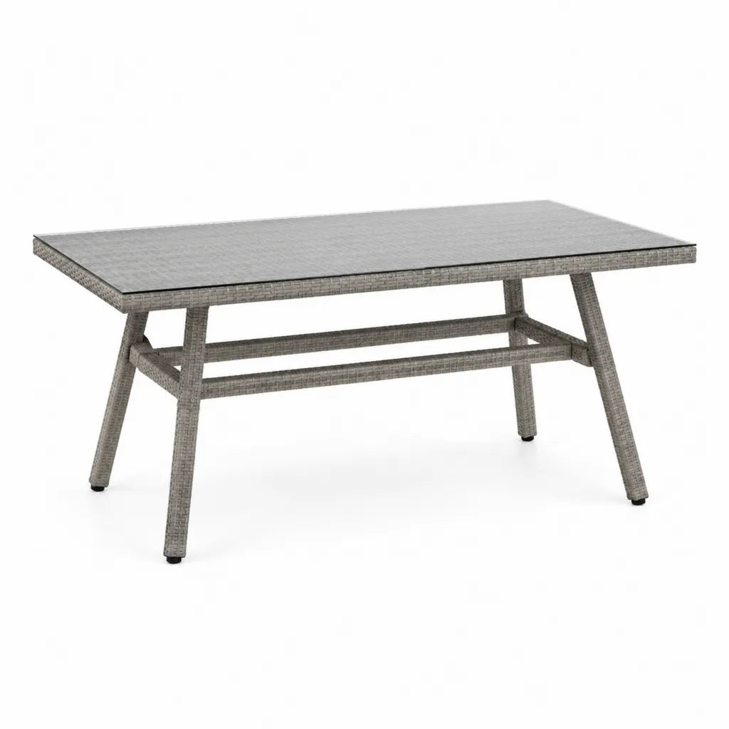 Tavolo da giardino rettangolare 200 x 100 x 74 cm in polirattan PE e vetro temperato grigio