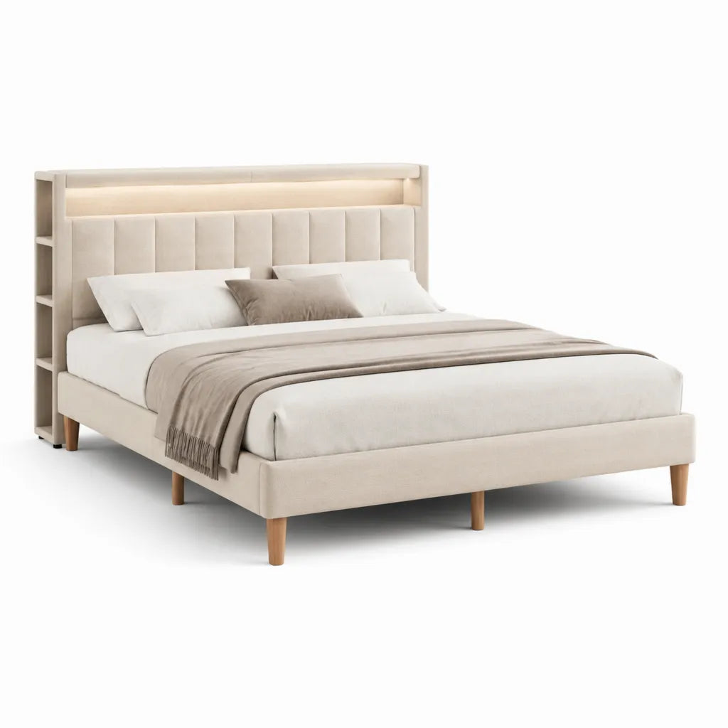 Letto matrimoniale 160 x 200 cm con testiera imbottita mensole laterali e luce LED beige
