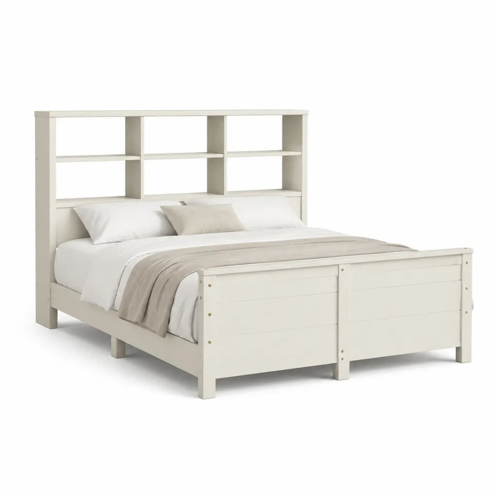 Letto matrimoniale con testiera libreria in pino massello bianco 160 x 200 cm