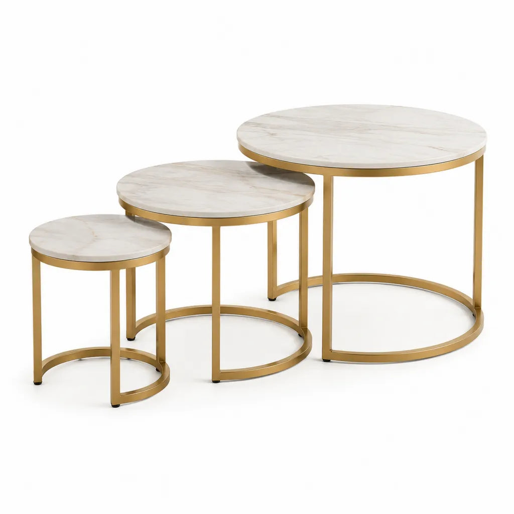 Set 3 tavolini da caffè rotondi effetto marmo in MDF e acciaio dorato Ø80 x 45 cm Ø70 x 40 cm Ø60 x 35 cm