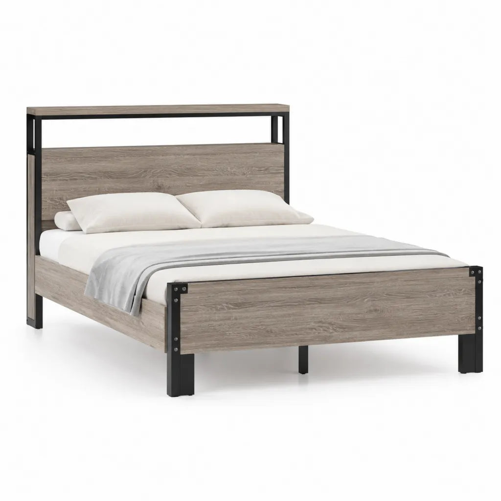 Letto matrimoniale con struttura rettangolare in MDF e acciaio nero effetto rovere grigio 160 x 200 cm