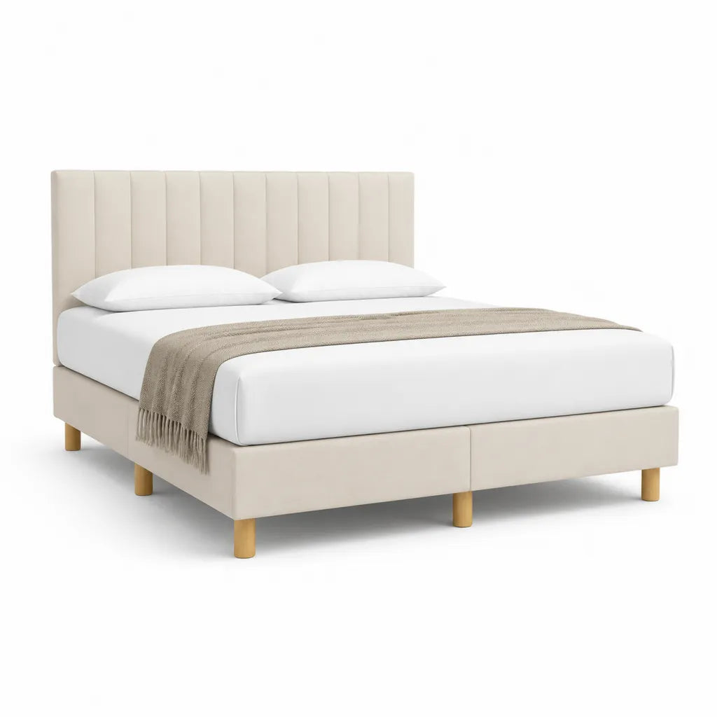 Letto matrimoniale imbottito 160 x 200 cm in poliestere beige con testiera alta e piedini in legno massello