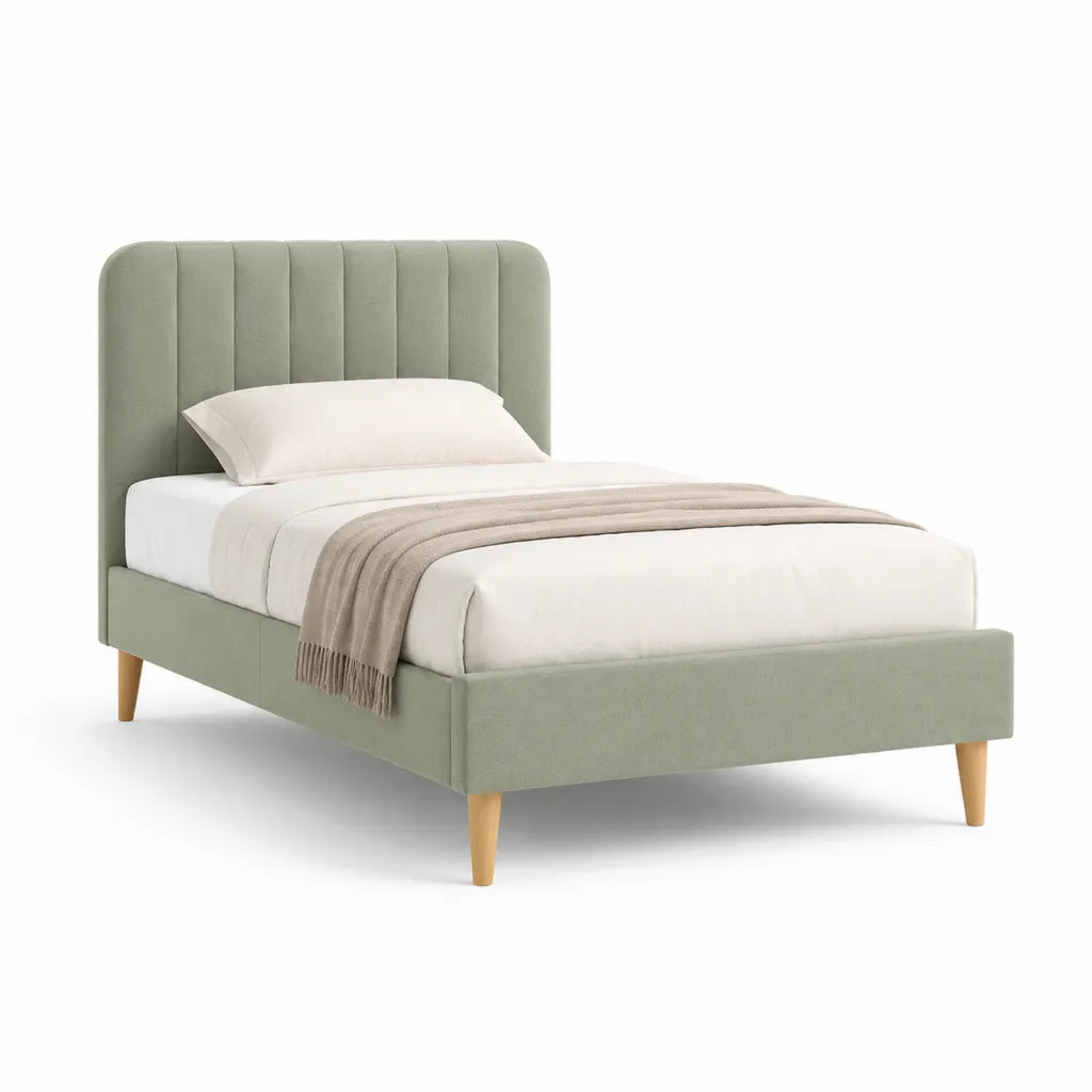 Letto singolo imbottito 90 x 190 cm in velluto di poliestere verde salvia con testiera rettangolare