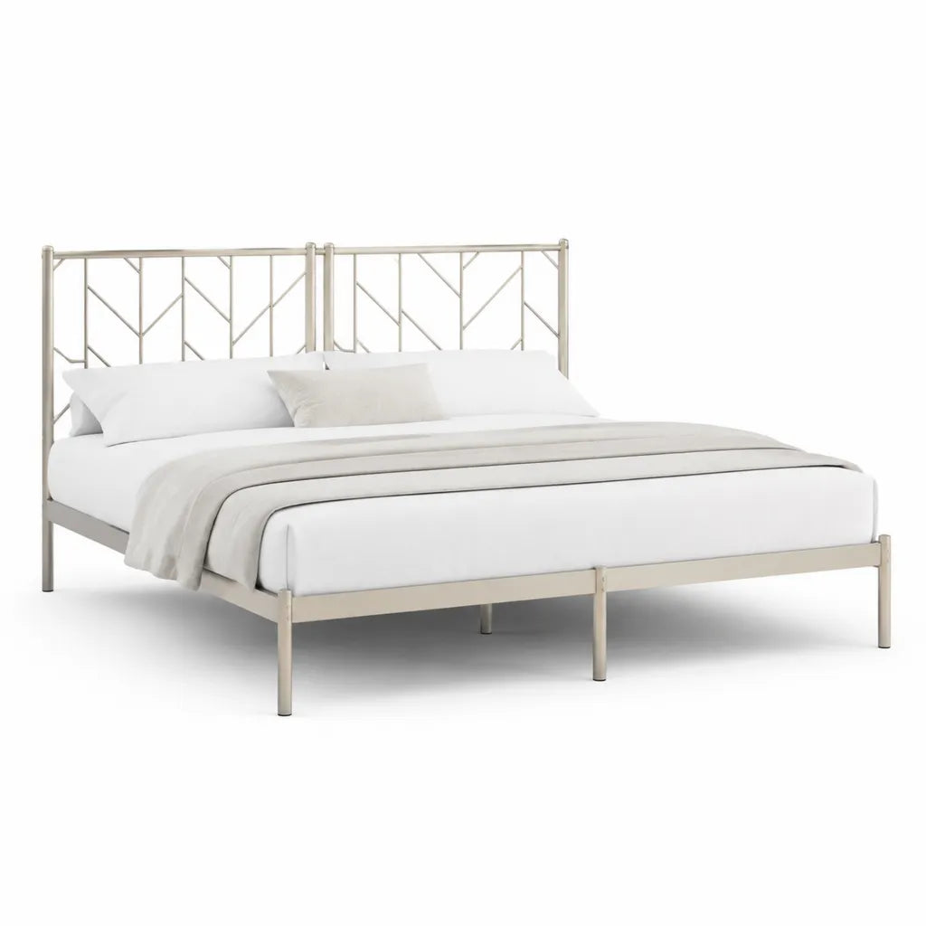 Struttura letto matrimoniale 160 x 200 cm in acciaio beige chiaro con testiera geometrica