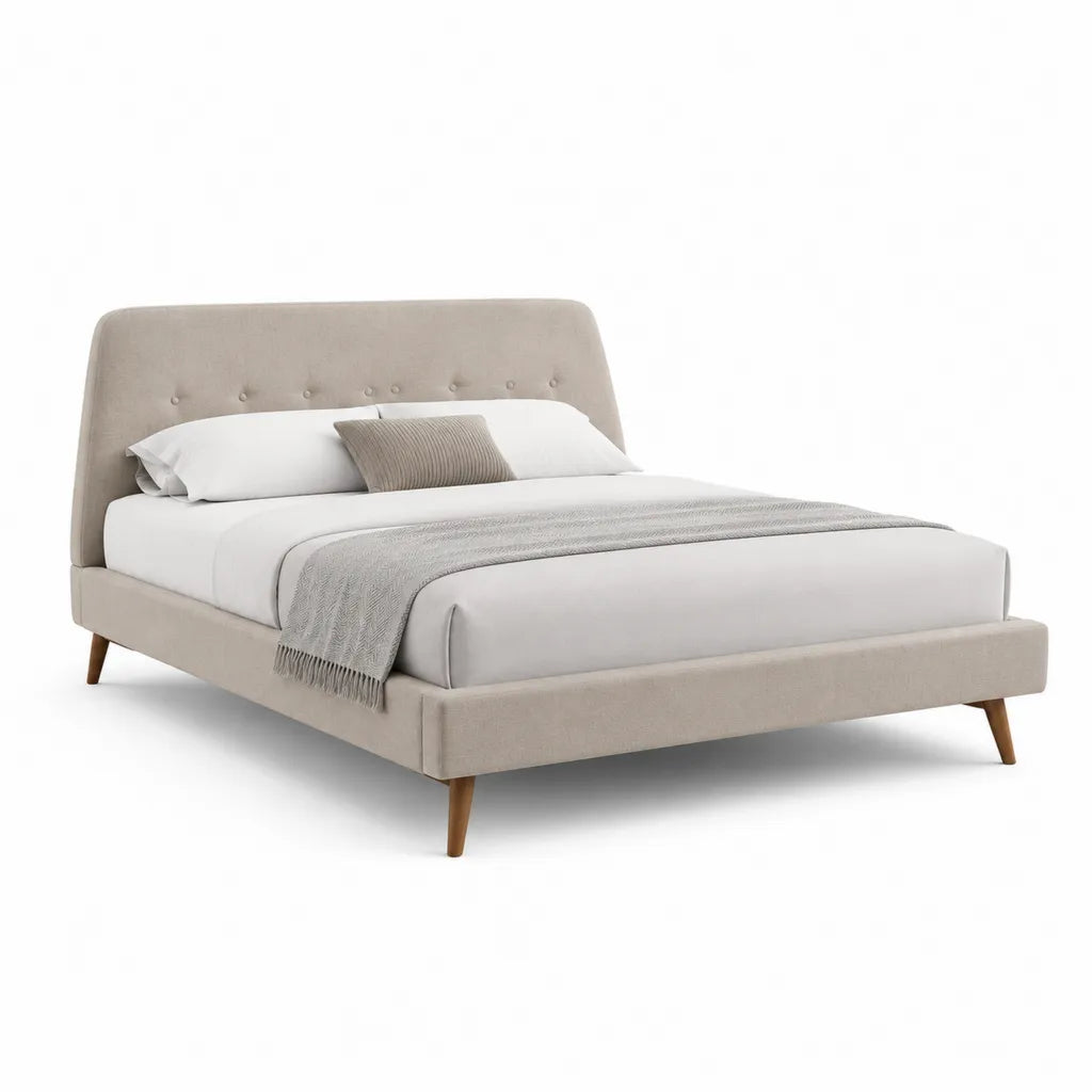 Letto matrimoniale imbottito 160 x 200 cm in poliestere beige con testiera arrotondata