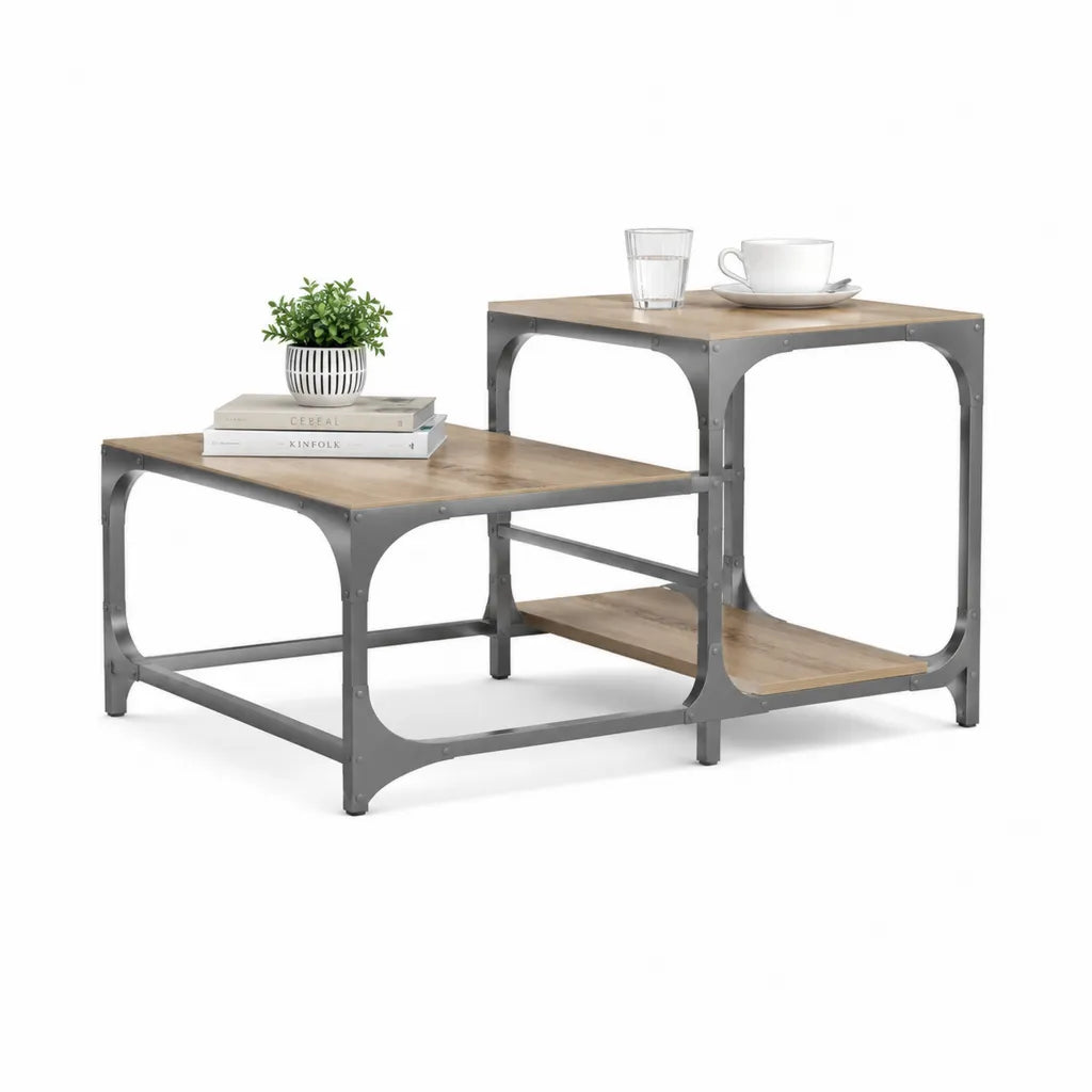 Set di 2 tavolini da caffè rettangolari in MDF e acciaio grigio e marrone 100 x 50 x 45 cm