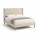 Letto matrimoniale imbottito 160 x 200 cm in poliestere beige con testiera rettangolare e gambe in legno massello